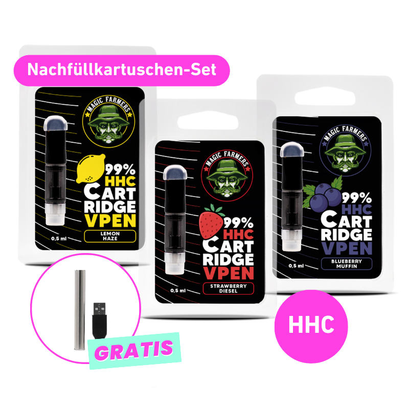 HHC Vape 3er-Set: Lemon Haze/Strawberry Diesel/Blueberry Muffin 99% HHC (3x0,5ml) + GRATIS Batterie